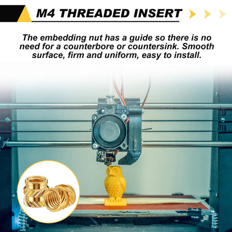 3D printer with owl print and M4 heat set inserts, Bulk Pack of 300 Brass M4 Heat Set Threaded Inserts Knurled For Plastic