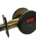 Side view of IND90-G2 10B Indicator Deadbolt in Dark Bronze Finish showing 'IN USE' indicator and adjustable backset.