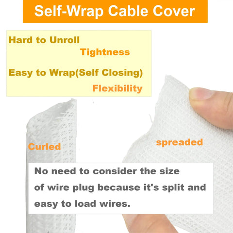 12ft Self Wrapping Cable Management Sleeve For Desk Wall And Floor Braided Mesh Split Loom Tubing Hider Pet Proof Wire Protector Kit White, showing flexibility and ease of wrapping