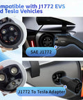 Slick Portable Electric Vehicle Charger 40 Amp Level 2 Charging Station J1772 and Tesla Adapter showing plug compatibility.