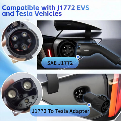 Slick Portable Electric Vehicle Charger 40 Amp Level 2 Charging Station J1772 and Tesla Adapter showing plug compatibility.