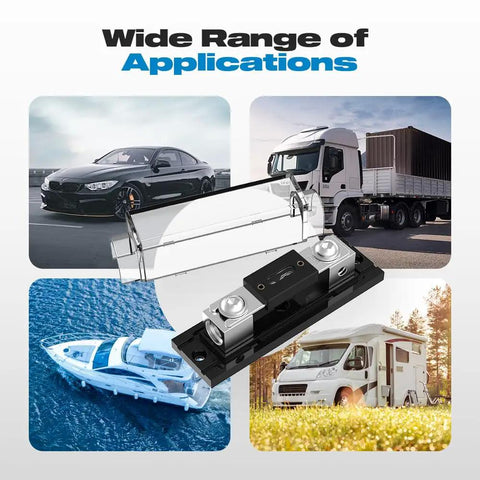 250 Amp ANL Fuse Holder Inline 0 2 4 Gauge AWG For Your Car Audio Rig With Easy Install Two Screw Holes Secure Mount Great For Cars Trucks Boats Durable Construction For Long Lasting Performance In Harsh Road And Marine Conditions., inline fuse holder shown with cars, truck, boat, and RV applications
