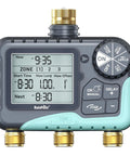 Image of Three Zone Lawn Water Timer with Brass Inlet and Outlet, featuring a large LCD screen and control dial, 2026 version.