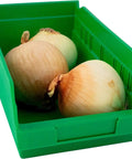 Heavy Duty Plastic Shelf Bins For Garage, Closet, And Drawer Organization, 12 By 6 And A Half By 4 Inches, Green, 12 Pack with onions