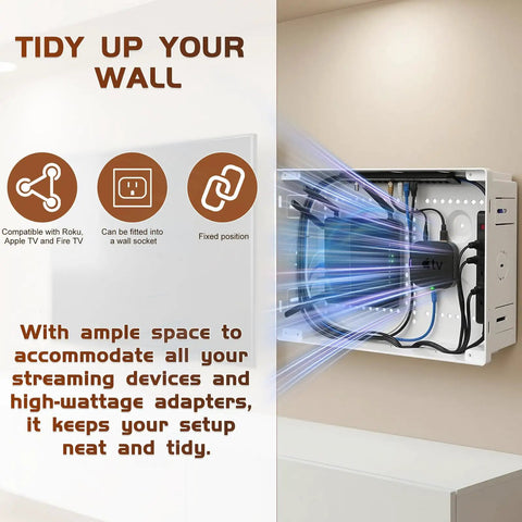Premium In Wall TV Media Box For Slick Cable Concealment And Hidden Outlet Storage Heavy Duty Structured Wiring Enclosure With Custom Knockouts Wireless Friendly Space Saving Rack For Routers Streaming Gear And Dope Home Theater Setup showing device compatibility and tidy wiring.