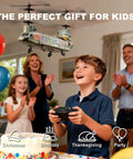 Boy playing with Remote Control Helicopter For Kids And Military Fans with altitude hold at party, family celebrating.