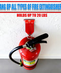 4 Pack Fire Extinguisher Wall Mount Kit With Heavy Duty Bracket And Hook No Fuss Securely Mount Standard Fire Extinguishers In Any Spot Rust Resistant Iron Mounts Easy Install With Screws And Washers Included showing a red fire extinguisher mounted on a wall with a red bracket.