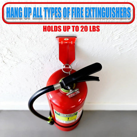 4 Pack Fire Extinguisher Wall Mount Kit With Heavy Duty Bracket And Hook No Fuss Securely Mount Standard Fire Extinguishers In Any Spot Rust Resistant Iron Mounts Easy Install With Screws And Washers Included showing a red fire extinguisher mounted on a wall with a red bracket.