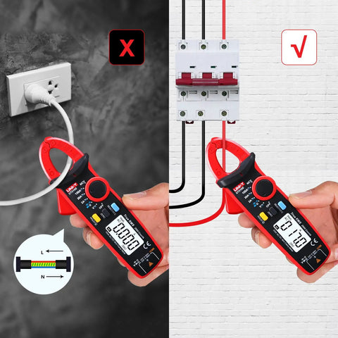 Digital Clamp Meter Auto Range True RMS 2000 Counts AC DC Amp Meter with multimeter display in use for electrical testing