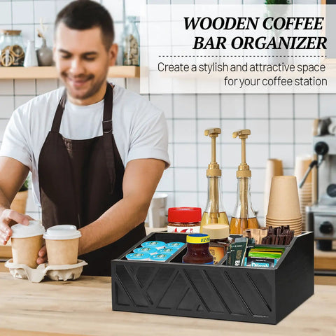 Coffee Station Organizer For Counter With Wood Pod Holder And Tea Condiment Storage Basket on kitchen counter with barista.