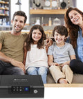Family sitting on sofa with Portable Biometric Gun Safe With LED Light And Silent Mode on table