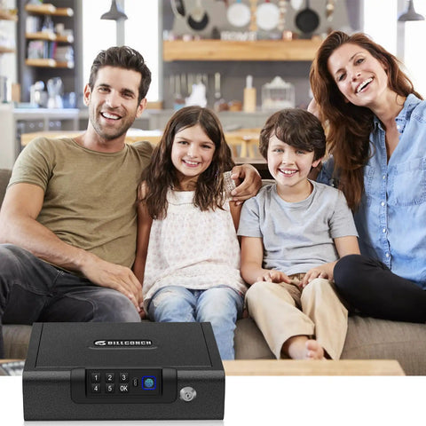 Family sitting on sofa with Portable Biometric Gun Safe With LED Light And Silent Mode on table