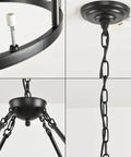 Top Tier 32 Inch Black Wagon Wheel Chandelier With 12 Lights Sleek round ceiling fixture showing mounting details and chain links.