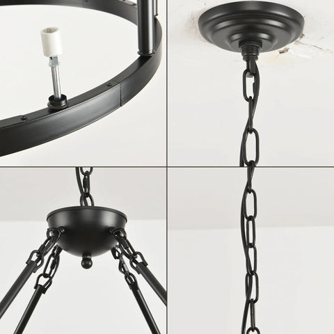 Top Tier 32 Inch Black Wagon Wheel Chandelier With 12 Lights Sleek round ceiling fixture showing mounting details and chain links.