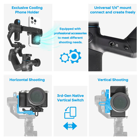 All In One Three Axis Gimbal Stabilizer For Camera Smartphone And Action Cam With Built In AI Tracking 0.003s Response And 18m Tracking Range Detachable Remote Handle showing horizontal and vertical shooting features