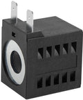 12V DC Solenoid Coil 16W with Dual Spade Connectors for Hydraulic Power Unit, side view, black material