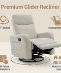 360 Degree Swivel Glider Rocker Recliner Chair With Side Pull Handle, Manual Recline, Fabric Upholstered Lounge Seating in Beige