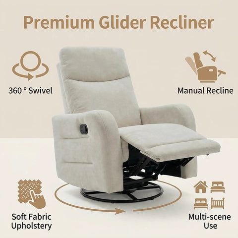 360 Degree Swivel Glider Rocker Recliner Chair With Side Pull Handle, Manual Recline, Fabric Upholstered Lounge Seating in Beige