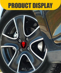 Dope Skull Wheel Hub Center Cap Stickers Set Of Four Two Point Two Inch Metal Aluminum Rim Emblems in black and red on wheel.