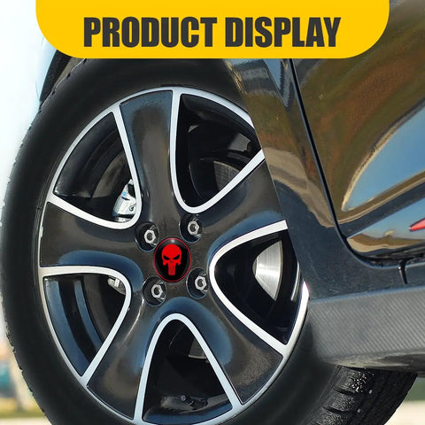 Dope Skull Wheel Hub Center Cap Stickers Set Of Four Two Point Two Inch Metal Aluminum Rim Emblems in black and red on wheel.