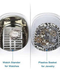 Inside view of Heavy Duty 600ml Ultrasonic Cleaner With Digital Timer showing watch stand and jewelry basket.