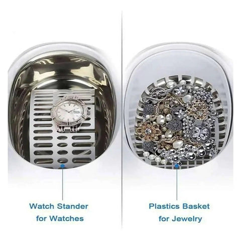 Inside view of Heavy Duty 600ml Ultrasonic Cleaner With Digital Timer showing watch stand and jewelry basket.
