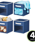 Blue fabric nursery closet storage bin set with front handle and window, pack of 4, for cube shelving units.
