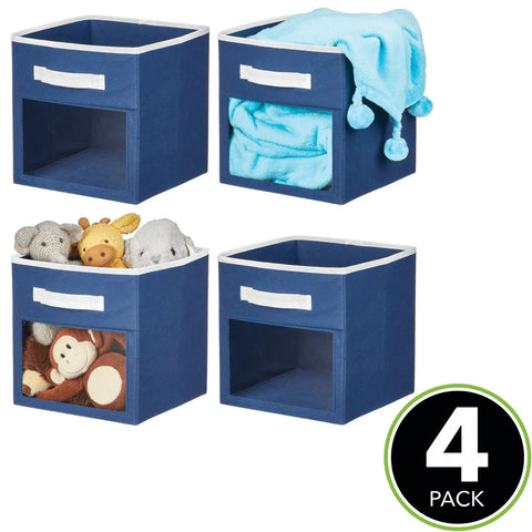 Blue fabric nursery closet storage bin set with front handle and window, pack of 4, for cube shelving units.