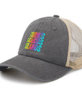 Travel Ready Women's Vintage Tennis Trucker Hat With Adjustable Buckle showing multicolor Turks and Caicos text, mesh back, eyelets