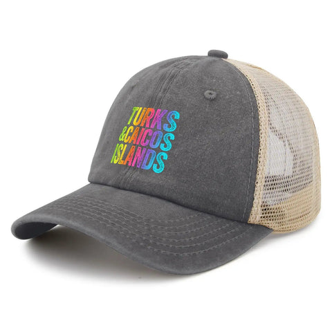Travel Ready Women's Vintage Tennis Trucker Hat With Adjustable Buckle showing multicolor Turks and Caicos text, mesh back, eyelets