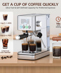 Premium Espresso Maker With Solid 20 Bar Pump And Quick Milk Frother For Silky Lattes Or Cold Brew featuring silver housing and dual cup brewing.