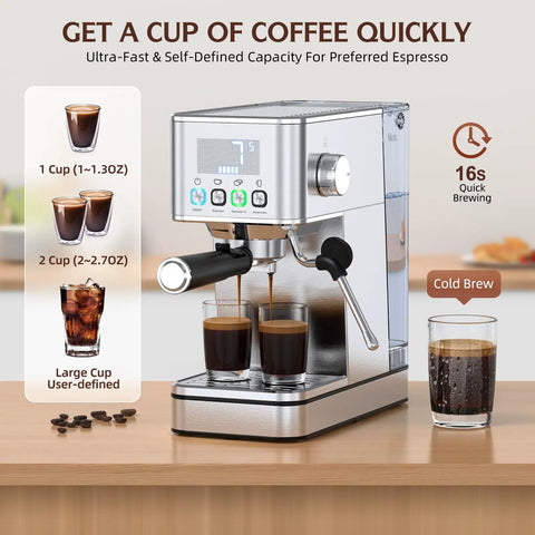 Premium Espresso Maker With Solid 20 Bar Pump And Quick Milk Frother For Silky Lattes Or Cold Brew featuring silver housing and dual cup brewing.