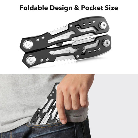 14 In 1 Multitool With Safety Locking Built For Survival And Outdoor Adventures shown in pocket-size foldable design
