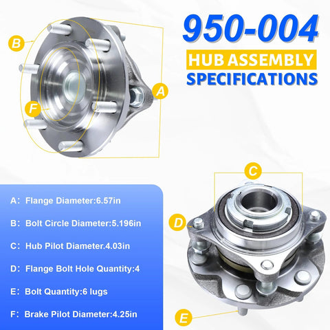 Front Wheel Bearing Hub Assembly Set 2x 950-004 Compatible With Toyota Tacoma 2005-2019, diagram showing specifications
