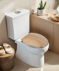 Elongated Resin Toilet Seat for Bathroom on a white toilet, measuring 18.5 inches, featuring wood finish.