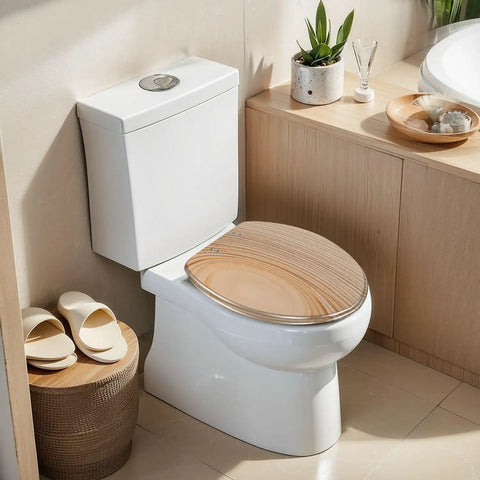 Elongated Resin Toilet Seat for Bathroom on a white toilet, measuring 18.5 inches, featuring wood finish.