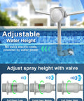 Adjustable solar pool fountain with dual heads spraying water above a pool, showing valve settings for spray height control.