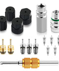 Seventeen Piece Car Air Conditioning Valve Core Tool Kit Portable Set With Cores, Ports, And Caps For R134A And R12 Systems