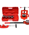 Heavy Duty Ratchet Pipe Threader Kit With Five Swappable Die Heads For Galvanized And Steel Tubing built in a red case with tools visible.