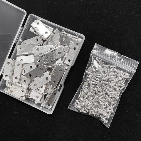 Open storage box showing the Antique Mini Hinges 50 Piece Set With Replacement Screws For Wooden Boxes Jewelry Chests And Cabinets DIY Projects 18x16mm Nickel Finish Rust Resistant Iron Hinges Built To Last And Easy To Install For Box Repair And Craft Makeovers.