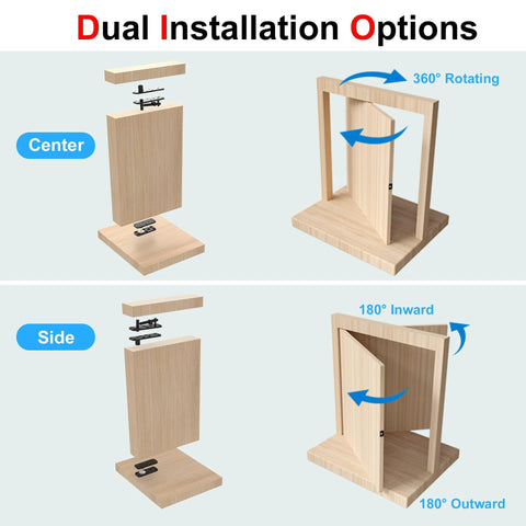 Heavy Duty Hidden Door Hinge With Silent Operation Jexify Dual Bearing Design For Secret Doors 360 Degree Pivot Supports Up To 573 Lb Load Conceal Hinge System With Patented Noise Reduction Technology shown with dual installation options in wood frame demonstration