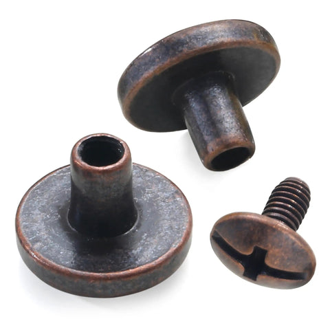 30 Set Antique Copper Chicago Screws And Leather Rivets Metal Studs For Shoes Belts Bags Purses With Heavy Duty Zinc Alloy Fasteners And Pro Install Tools For Sick Custom Gear Upgrades showing detailed close-up of antique copper screw components.