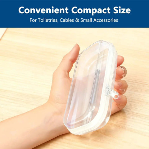 Clear Hard Shell Zipper Case For Everyday Carry And Travel Ready Getaways Solid Plastic Storage Bag for toiletries held in hand.