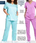 Two models wearing Women's Modern Classic Fit scrubs, one in blue and one in pink, showing top and pant fit, size details visible.