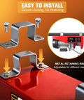 Front view of two metal U-shaped mounting brackets with bolts for electric hoist installation; red hoist illustration inset.