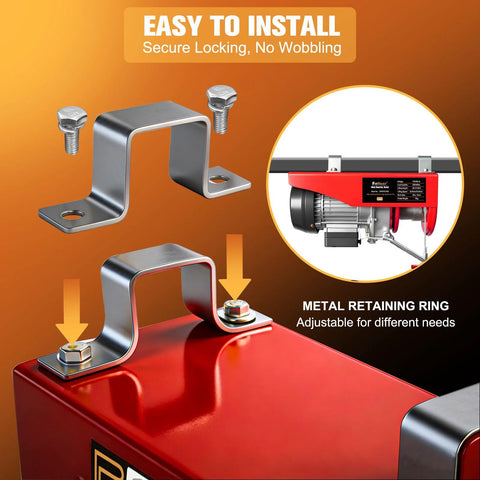 Front view of two metal U-shaped mounting brackets with bolts for electric hoist installation; red hoist illustration inset.