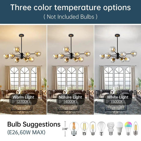 8-Light Black And Gold Sputnik Light Fixture Modern Chandelier With Smoked Glass Globes showing three color temperature options