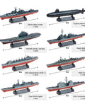 Eight Piece Warship Model Set For DIY Assembly And Painting Great For Collectors And Hobbyists Battleship Carrier Submarine Cruiser And Aegis Destroyer With Virginia Sub Slava Cruiser 054A Frigate Hood Vincennes Liaoning Carrier Sacramento shown with size markings