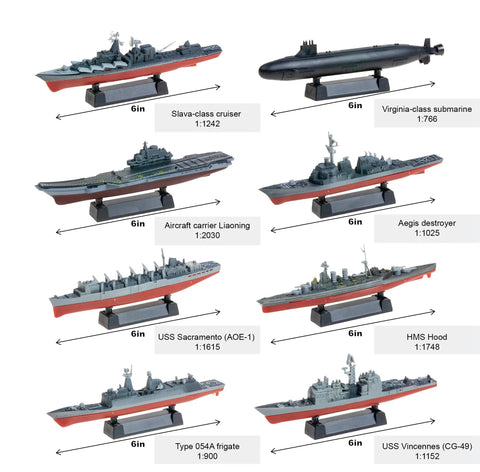 Eight Piece Warship Model Set For DIY Assembly And Painting Great For Collectors And Hobbyists Battleship Carrier Submarine Cruiser And Aegis Destroyer With Virginia Sub Slava Cruiser 054A Frigate Hood Vincennes Liaoning Carrier Sacramento shown with size markings