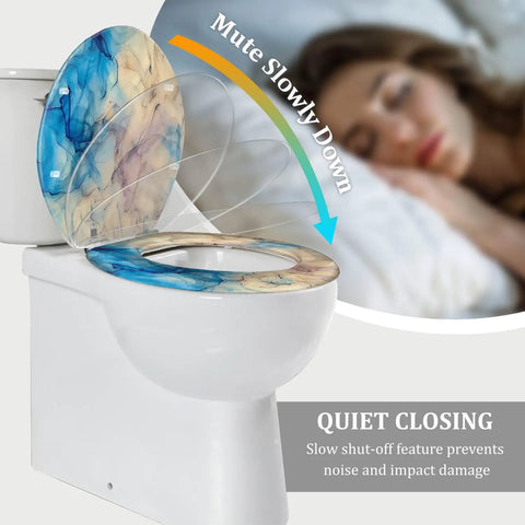 Elongated Toilet Seat Quiet Close for Home Bathroom Replacement with artistic design, slow close feature, fits standard toilets.